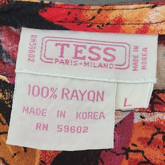 80s Tess Tropical Floral Rayon Blouse Black Orange Yellow Women's Size Large - Picture 8 of 13